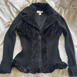 Joseph Ribkoff  black faux fur and sequined zip up sweater. Size 6